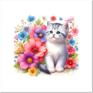 A cat decorated with beautiful colorful flowers. Posters and Art